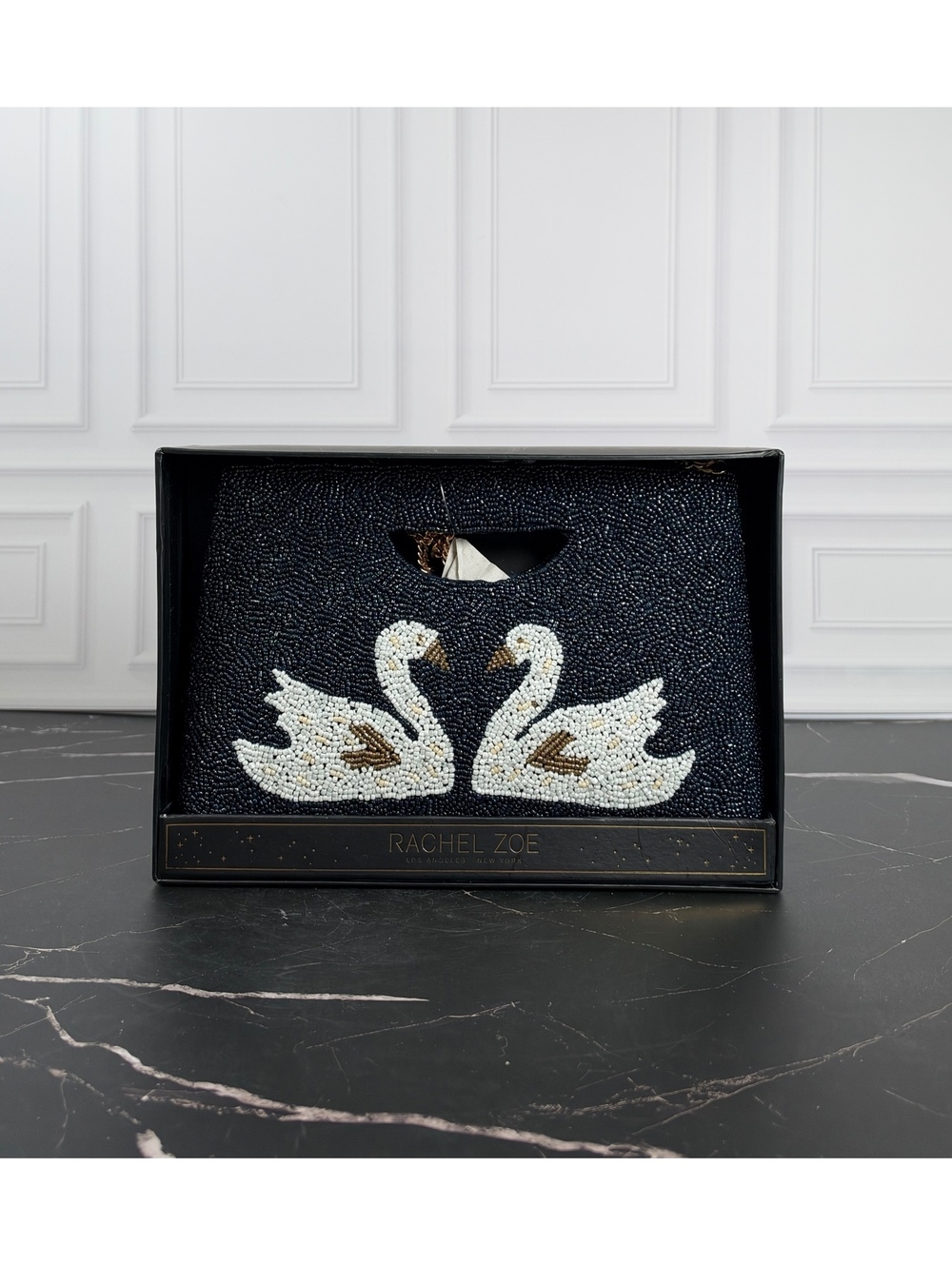 Rachel Zoe Beaded Swan Clutch Navy White Gold Evening Bag Removable Chain